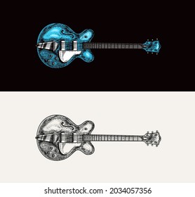 Semi-acoustic jazz bass guitar in monochrome engraved vintage style. Hand drawn sketch for Rock festival or blues and ragtime poster or t-shirt. Musical classical stringed electro instrument.