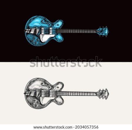 Semi-acoustic jazz bass guitar in monochrome engraved vintage style. Hand drawn sketch for Rock festival or blues and ragtime poster or t-shirt. Musical classical stringed electro instrument.