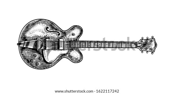 Semi-acoustic jazz bass guitar in monochrome engraved\
vintage style. Hand drawn sketch for Rock festival or blues and\
ragtime poster or t-shirt. Musical classical stringed electro\
instrument. 