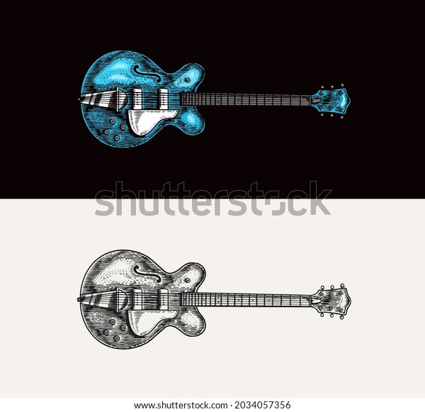 Semi-acoustic jazz bass guitar in monochrome\
engraved vintage style. Hand drawn sketch for Rock festival or\
blues and ragtime poster or t-shirt. Musical classical stringed\
electro\
instrument.