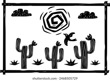 Escenario semiárido. un día soleado con cactus y pájaros. Vector en estilo grabado en madera