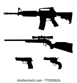 Semi-Automatic Rifle, Bolt Action Rifle And Pistols Silhouette Vector
