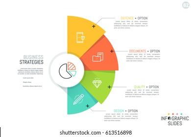 Semicircle with 4 overlapping colorful sectors, icons and text boxes. Business strategies and strategic development options concept. Infographic design layout. Vector illustration for presentation.