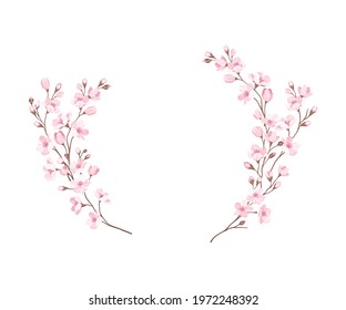 Semicircle Border Arranged of Twigs of Sakura or Cherry Blossom Vector Illustration