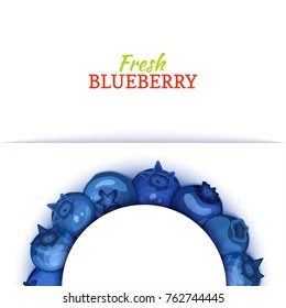 Semicircle colored frame composed of delicious blueberryfruit. Vector card illustration. Blue bilberry half-round frame for design of food packaging juice breakfast cosmetics tea detox diet.