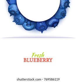 Semicircle colored frame composed of delicious blueberryfruit. Vector card illustration. Blue bilberry half-round frame for design of food packaging juice breakfast cosmetics tea detox diet.