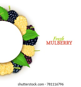Semicircle colored frame composed of delicious mulberry fruit. Vector card illustration. Mulberryt berry half-round frame for design of food packaging juice breakfast cosmetics tea detox diet.