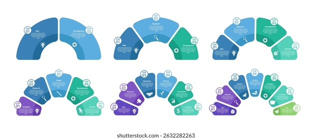 Modelo de infográfico de diagrama em semicírculo. Fluxo de trabalho do projeto passo a passo do gráfico de negócios 2 -7 etapas, opções de processo. Infográfico do vetor de círculo para apresentação do planejamento.
