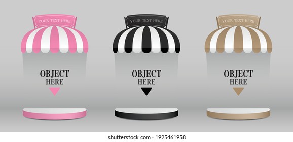 Semicircle display podium with cute awning and signage 3d illustration vector set for putting your object.