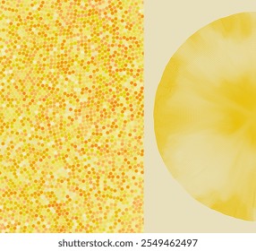 Un semicírculo de puntos. Mosaico. Fondo Abstractas con círculos amarillos. Patrón de lunares. Plantilla de diseño de la cubierta. Vector 3D para portada, tarjeta, postal, Anuncio, póster, folleto o presentación.