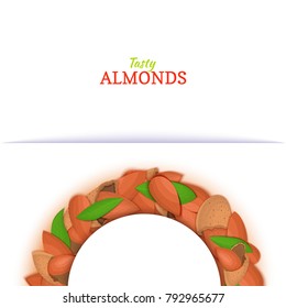 Semicircle frame composed of almond nut. Vector card illustration. Nuts filbert frame, hazelnut fruit in the shell, shelled, leaves for packaging design food, butter, oil, detox cosmetics cream.