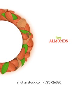 Semicircle frame composed of almond nut. Vector card illustration. Nuts filbert frame, hazelnut fruit in the shell, shelled, leaves for packaging design food, butter, oil, detox cosmetics cream.