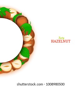 Semicircle frame composed of hazelnut nut. Vector card illustration. Nuts filbert frame, pecan fruit in the shell, shelled, leaves for packaging design food, butter, oil, detox cosmetics cream.