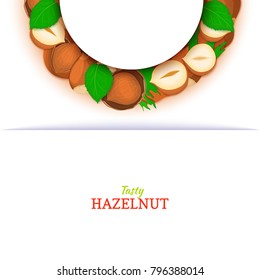 Semicircle frame composed of hazelnut nut. Vector card illustration. Nuts filbert frame, pecan fruit in the shell, shelled, leaves for packaging design food, butter, oil, detox cosmetics cream.