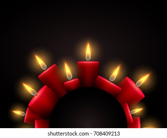 Semicircle frame with red luminous candles and place under the text. Element for writing condolences, Christmas cards and your design