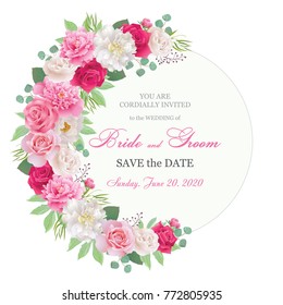 Semicircle garland frame with red and pink roses, white and pink peonies. Wedding floral template collection.Wedding invitation, thank you card, save the date cards. Vector illustration. EPS 10