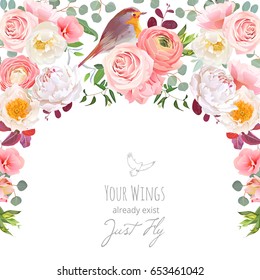 Semicircle Garland Frame With Wild Rose, Peony, Pink Ranunculus, Peachy Carnation, Green Plants And Small Robin Bird. Cute Wedding Floral Vector Design. All Elements Are Isolated And Editable.