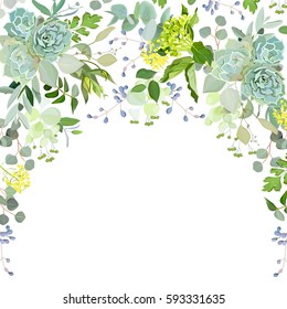 Semicircle garland herbal frame arranged from plants, branches, leaves, succulents and flowers on white background. Echeveria, eucalyptus, green hydrangea. All elements are isolated and editable