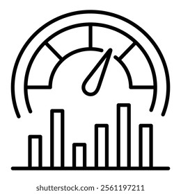 A semi-circle gauge with a needle and a line chart below, symbolizing insightful KPI tracking, performance measurement, and sales and marketing analytics round line vector icon with editable stroke