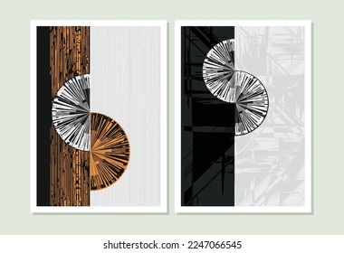Semi-circle geometric shapes with grunge lines on yellow, green, orange, and black colors. A minimalist trendy abstract print set ideal for posters, book covers, pamphlets, flyer