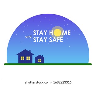 Halbkreis-Symbol: Farbverlauf-blauer Himmel, Silhouetten von zwei Häusern mit gelben Fenstern, Gras, Sterne, weiße Inschrift "bleiben zu Hause und bleiben sicher" mit Mond / Sonne statt Buchstabe O. Grafiken, Illustration