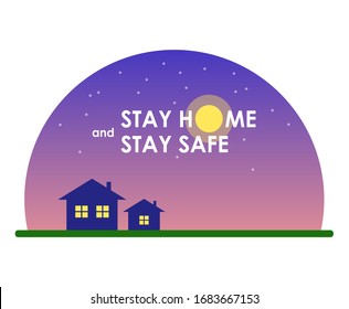 Semicircle icon: gradient violet sky, silhouettes of two houses with yellow windows, grass, stars, white inscription "stay home and stay safe" with moon/sun instead of letter O. Graphics, illustration