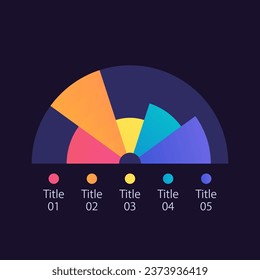 Semicircle infographic chart design template for dark theme. Five sectors. Editable arch infochart with different segments. Visual data presentation. Myriad Pro-Bold, Regular fonts used