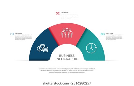 Semicírculo infográfico modelo de design 3 opções. Apresentação, gerenciamento, fluxo de trabalho, estratégia e planejamento de negócios. Ilustração vetorial.