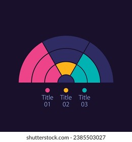 Semicircle infographic diagram design element for dark theme. Three positions. Results review. Editable round infochart with sectors. Visual data presentation. Myriad Pro-Bold, Regular fonts used