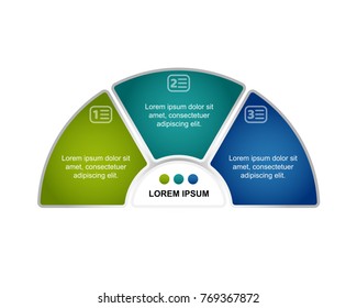 Semicircle infographic template. 3 bright elements for text and additional in center. For presentation and reports. Vector illustration.