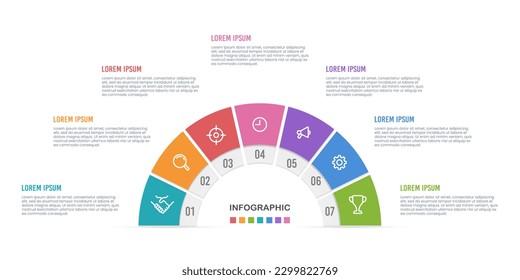 Semicircle infographic template 7 steps or options. Vector illustration.