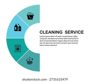 A semi-circle infographic template for cleaning services, divided into four sections with icons representing different aspects of cleaning, set against a transparent background.