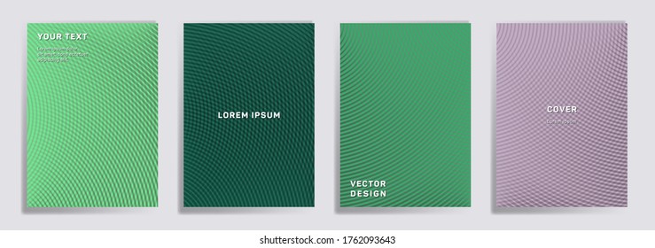 Semicircle lines halftone covers vector collection. Abstract brochure title page layouts. Notepad, magazine, business catalog covers with halftone gradient patterns. Intersecting circles prints.