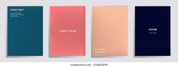 Las líneas semicírculo de semitono cubren la colección vectorial. Diseños mínimos de la página de título del folleto. Pancartas, afiches, fondos de volantes con patrones de gradiente de medio tono. Impresiones de semicírculos sobrepuestas.