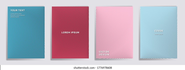 Las líneas semicírculo de semitono cubren la colección vectorial. Diseños de páginas de títulos de folletos de moda. Pancartas, afiches, fondos de volantes con patrones de cuadrícula de líneas de medio tono. Impresiones de círculos interrelacionados.