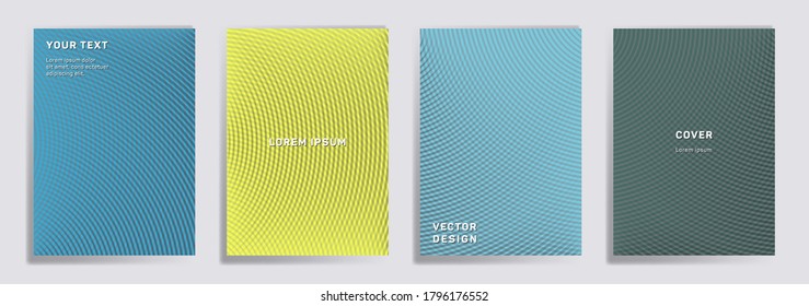 Semicircle lines halftone covers vector collection. Trendy brochure title page layouts. Banners, posters, flyers backgrounds with halftone lines grid patterns. Intersecting circles prints.