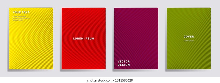 Semicircle lines halftone covers vector collection. Digital brochure title page layouts. Notepad, magazine, business catalog covers with halftone gradient patterns. Overlaping semicircles prints.