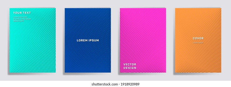 Semicircle lines halftone covers vector collection. Minimal brochure title page layouts. Notepad, magazine, business catalog covers with halftone gradient patterns. Intersecting circles prints.