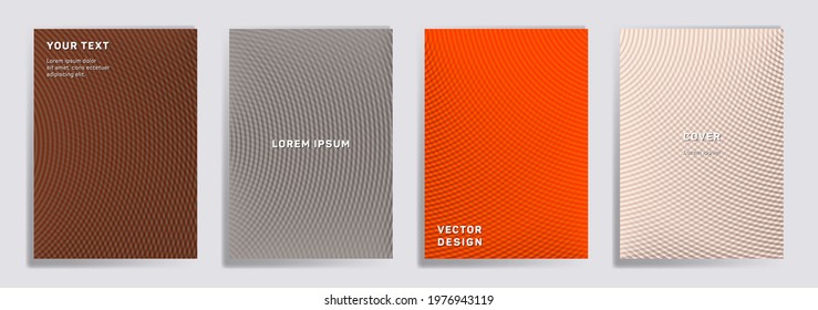 Semicircle lines halftone covers vector collection. Abstract brochure title page layouts. Banners, posters, flyers backgrounds with halftone lines grid patterns. Intersecting circles prints.