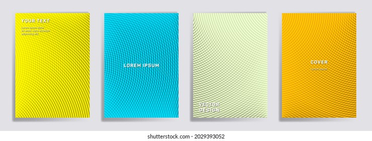 Semicircle lines halftone covers vector collection. Trendy brochure title page layouts. Banners, posters, flyers backgrounds with halftone lines grid patterns. Intersecting circles prints.