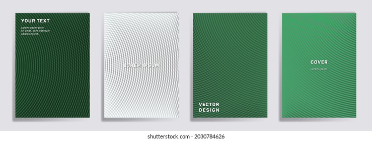 Las líneas semicírculo de semitono cubren la colección vectorial. Resumen de los diseños de la página de título del folleto. Pancartas, afiches, fondos de volantes con patrones de cuadrícula de líneas de medio tono. Impresiones de semicírculos sobrepuestas.