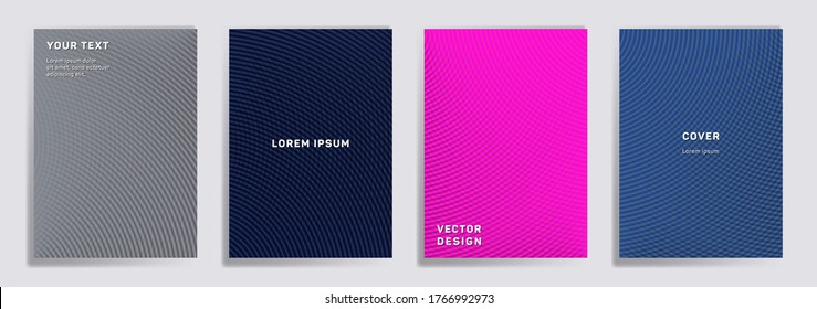 Semikreis Linien halftone Gitter deckt Vektorset. Gestaltung der Titelseiten für kreative Broschüren. Notepad, Magazin, Business-Katalog-Cover mit halftone Farbverlauf-Muster. Überschneidende Halbkreise drucken.