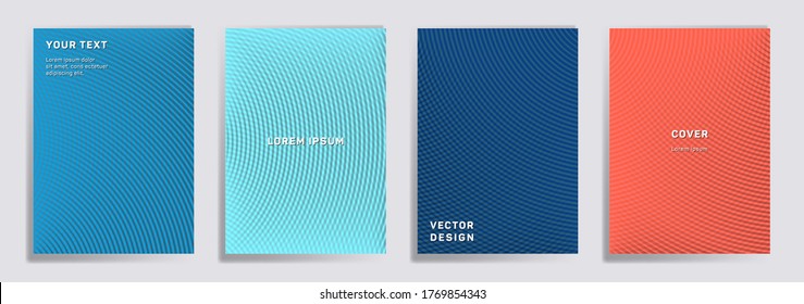 Semicircle lines halftone grid covers vector set. Creative brochure title page layouts. Notepad, magazine, business catalog covers with halftone gradient patterns. Overlaping semicircles prints.