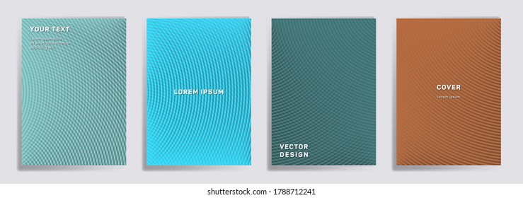 Semicircle lines halftone grid covers vector set. Tech brochure title page layouts. Banners, posters, flyers backgrounds with halftone gradient patterns. Overlaying semicircles prints.
