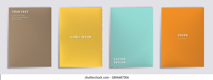 Semicircle lines halftone grid covers vector set. Futuristic brochure title page layouts. Notepad, magazine, business catalog covers with halftone gradient patterns. Overlaping semicircles prints.