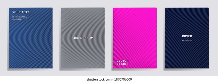 Semicircle lines halftone grid covers vector set. Cool brochure title page layouts. Notepad, magazine, business catalog covers with lines grid texture patterns. Overlaping semicircles prints.