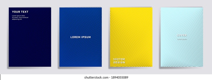 Semicircle lines halftone grid covers vector set. Abstract brochure title page layouts. Banners, posters, flyers backgrounds with halftone gradient patterns. Overlaping semicircles prints.