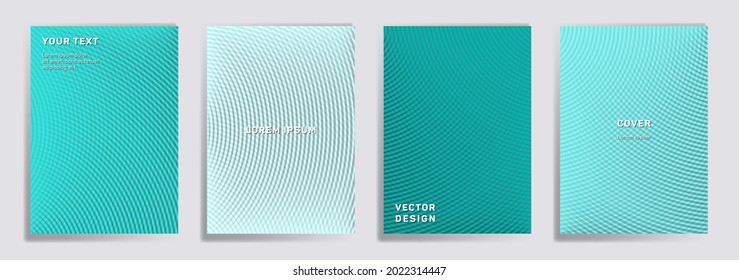 Semicircle lines halftone grid covers vector set. Creative brochure title page layouts. Banners, posters, flyers backgrounds with halftone lines grid patterns. Overlaping semicircles prints.