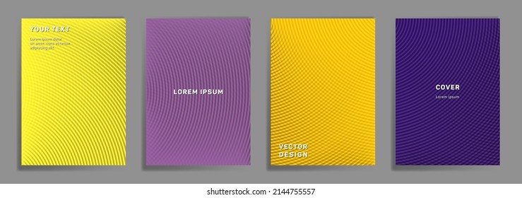 Semicircle lines halftone grid covers vector set. Futuristic brochure title page layouts. Banners, posters, flyers backgrounds with halftone gradient patterns. Overlaying semicircles prints.