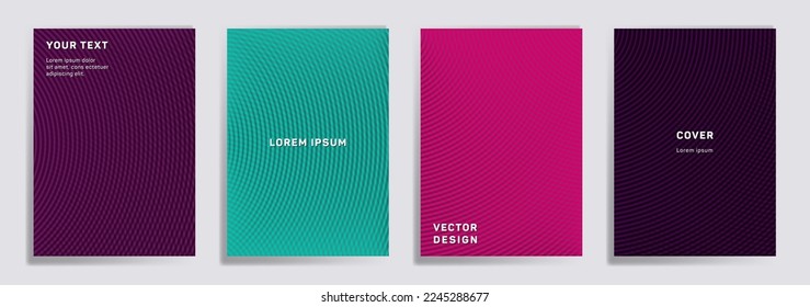 Semicircle lines halftone grid covers vector set. Cool brochure title page layouts. Banners, posters, flyers backgrounds with halftone lines grid patterns. Overlaping semicircles prints.